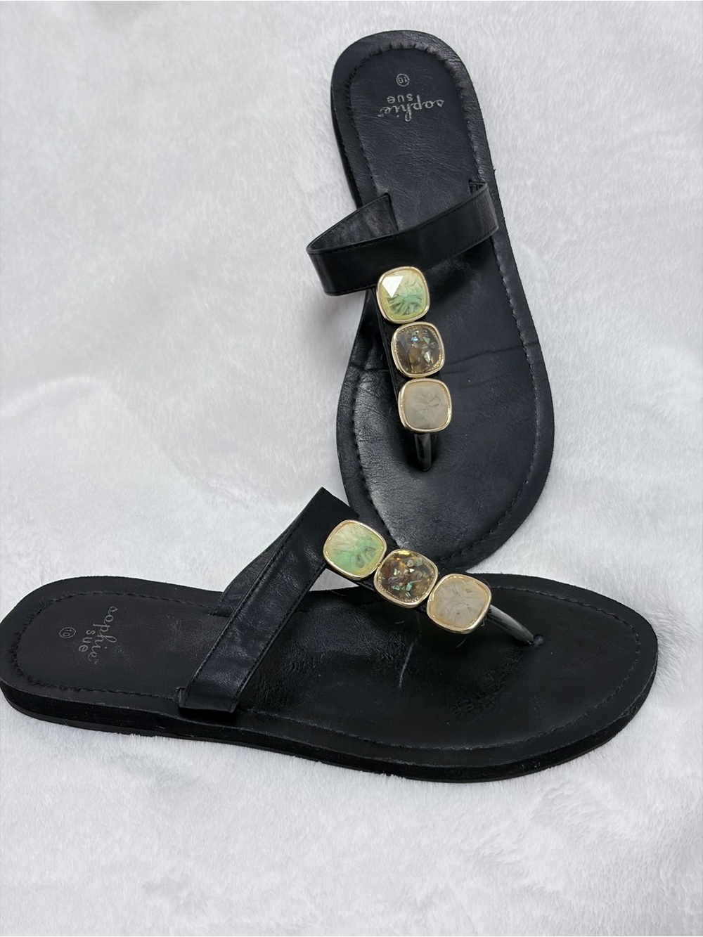 Sophie Sue Black Toe-Post Sandals with Gold-Trimmed Gem Accents